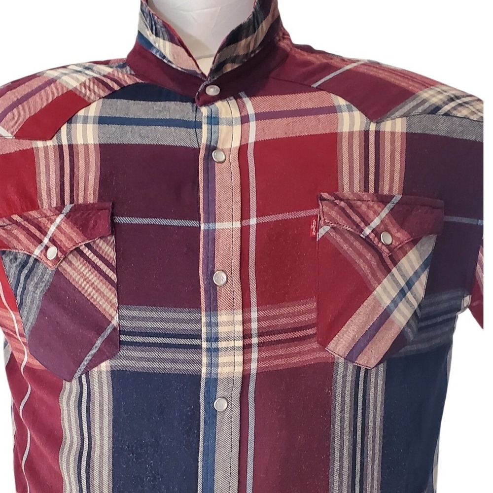 Levis Mens XXL‎ Western Plaid Flannel Shirt Red Navy Pearl Snap Cowboy 3LYLW7151